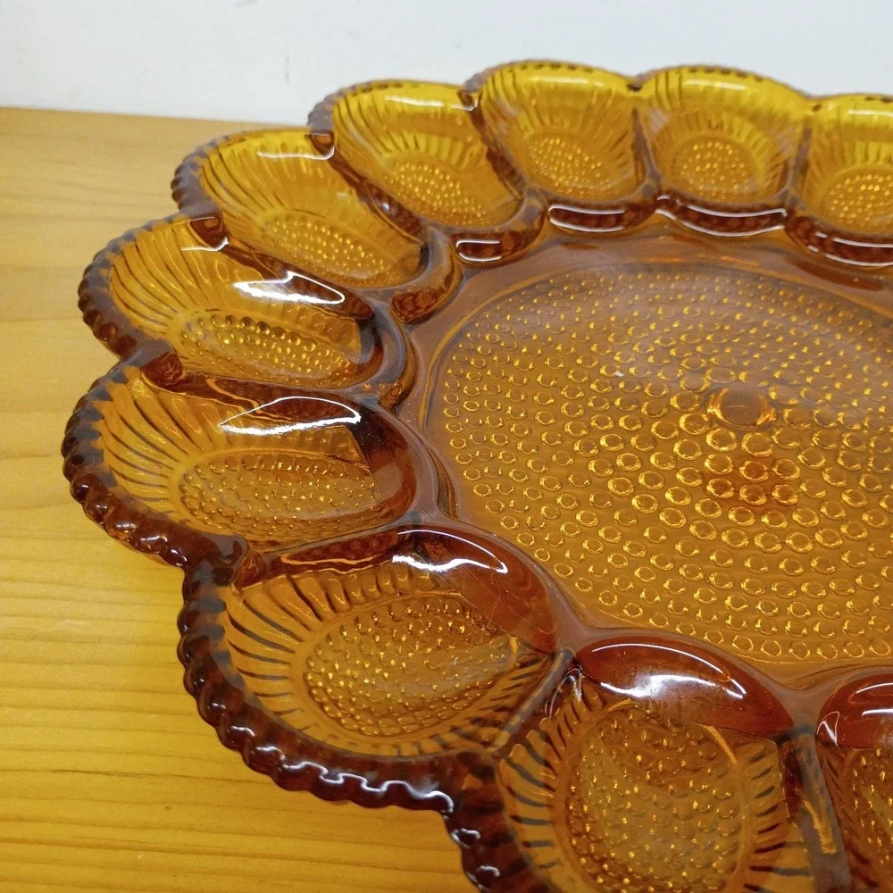 Indiana Glass Deviled Egg Plate Vintage Amber Hobnail 11